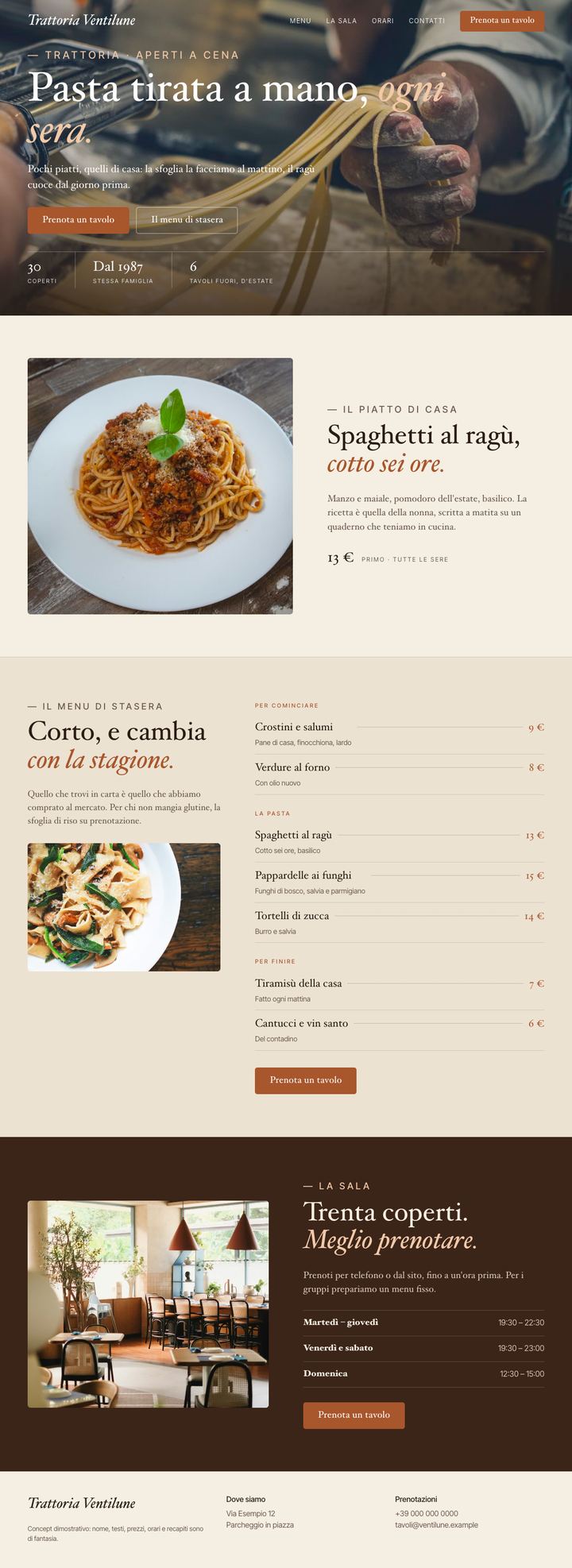 Concept dimostrativo per un ristorante: crema e terracotta, la pasta in apertura, il piatto di casa, il menu come elenco con i prezzi